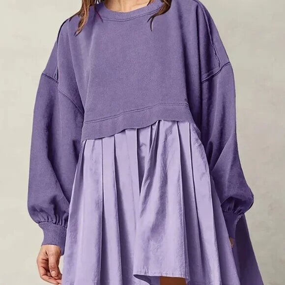 Purple Long Sleeve Pleated Hem Sweater Dress - Picture 3 of 5